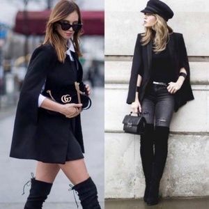 Classic Black Open Front Cape chic Blazer Work Minimalist